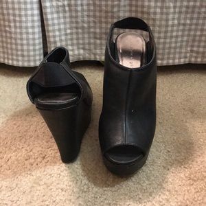 Black Faux- Leather Peep-toe Wedges
